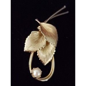 Vintage Unsigned Faux Pearl With Three Leaves Pin, Gold Tone Colored Brooch